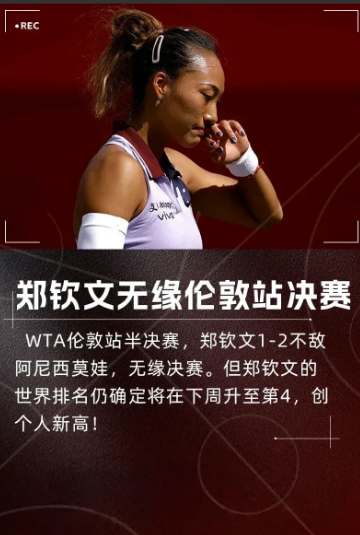 郑钦文输得彻彻底底！1-2不敌阿尼西莫娃无缘决赛，不得不说，真的打不过！

此前