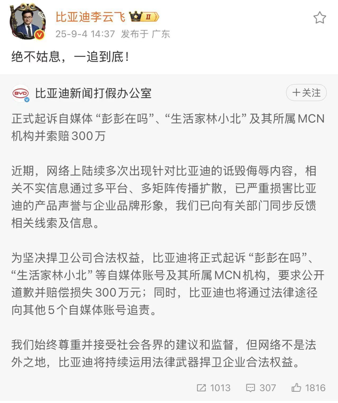 ​互联网不是法外之地，支持比亚迪继续打击黑公关！