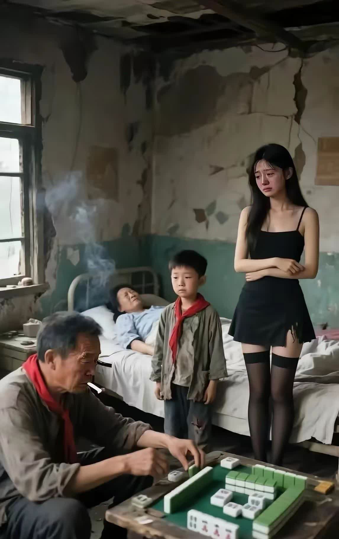 【看图说话】

一间昏暗幽光的老破房屋内，中年妇女生病卧床、了无生机。


