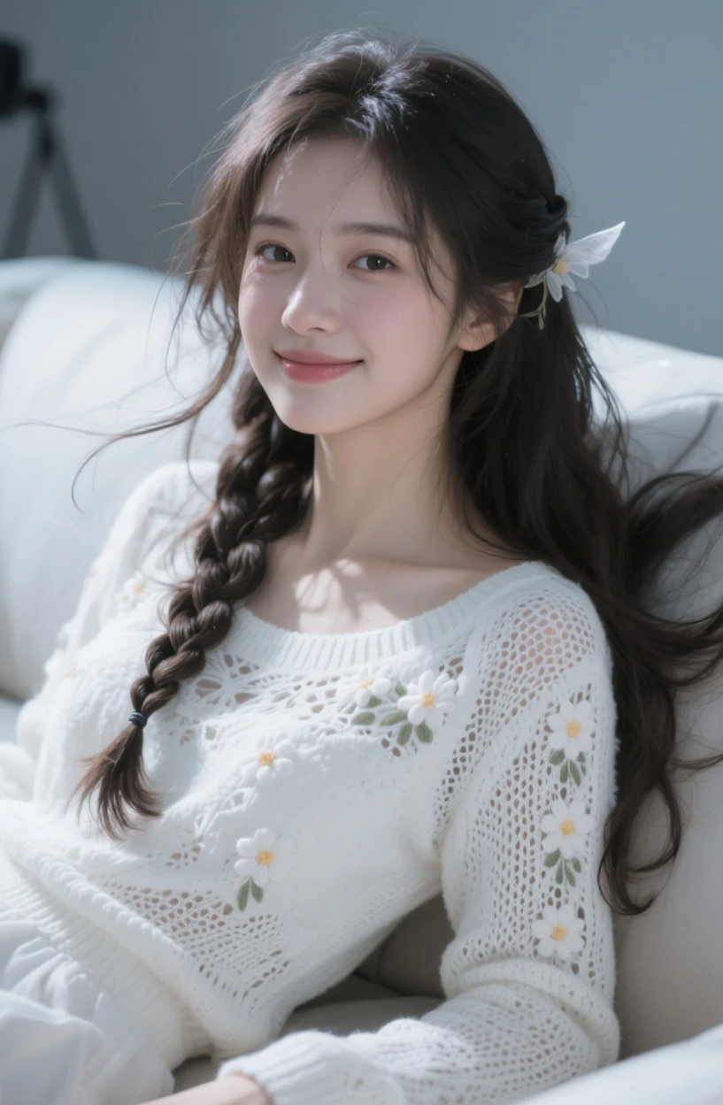 居家松弛感爆棚！白色针织+麻花辫=氛围感密码