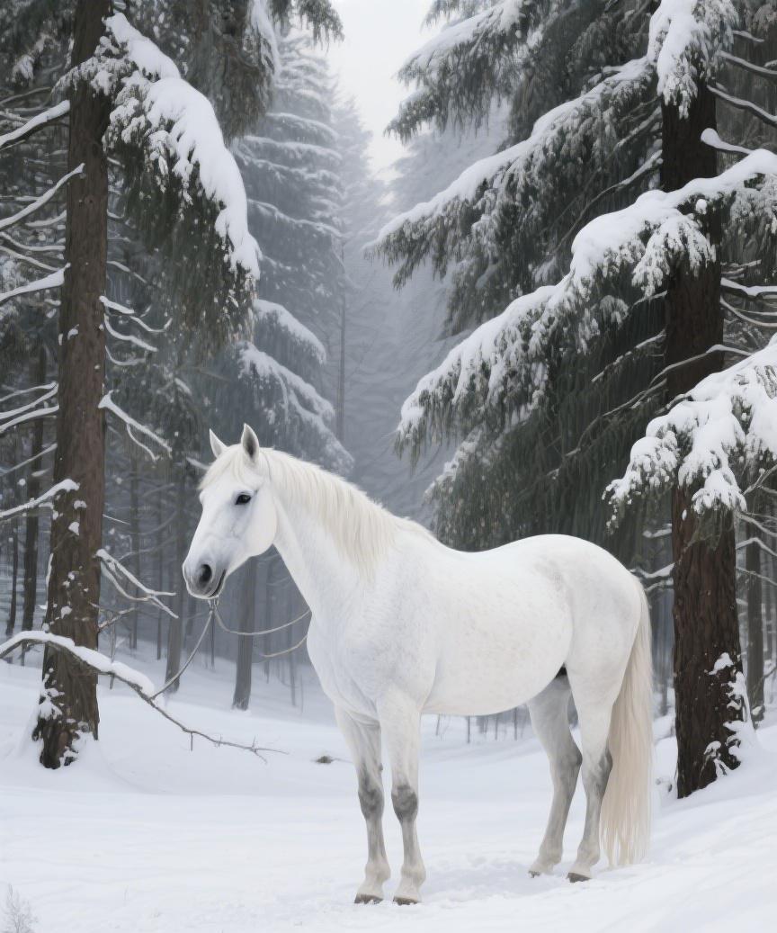 #AI妙生图#雪林之中，一匹白马静默而立，似在诉说时光里的坚韧，与自然的无声对话