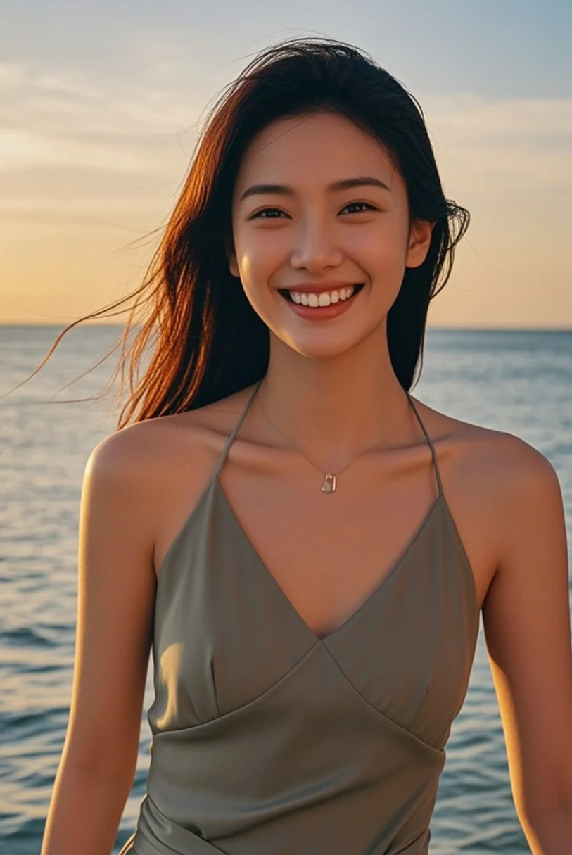 裙摆随海风轻舞，她站在那里成风景