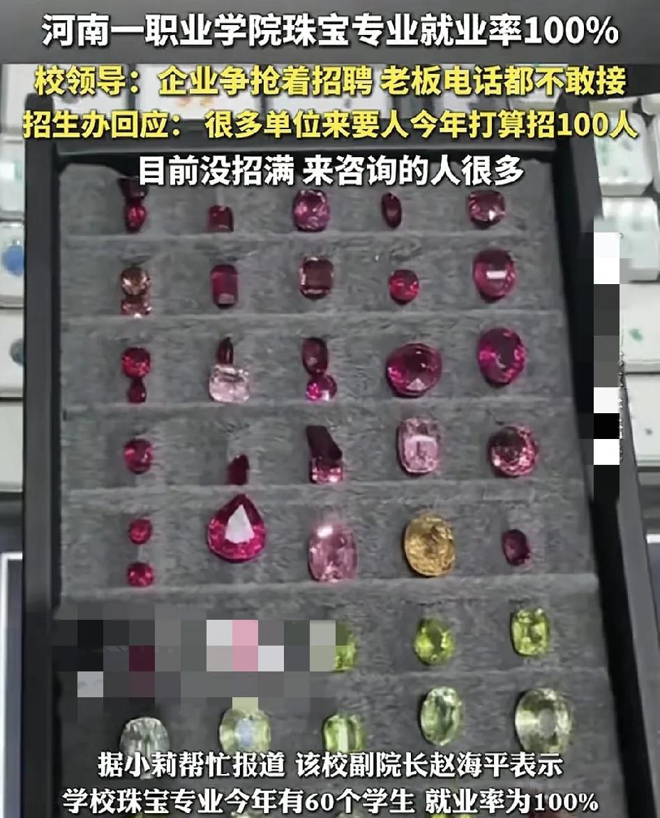河南一职业学院珠宝专业就业率100%，每年毕业季很多企业都过来学校要人，学校的校