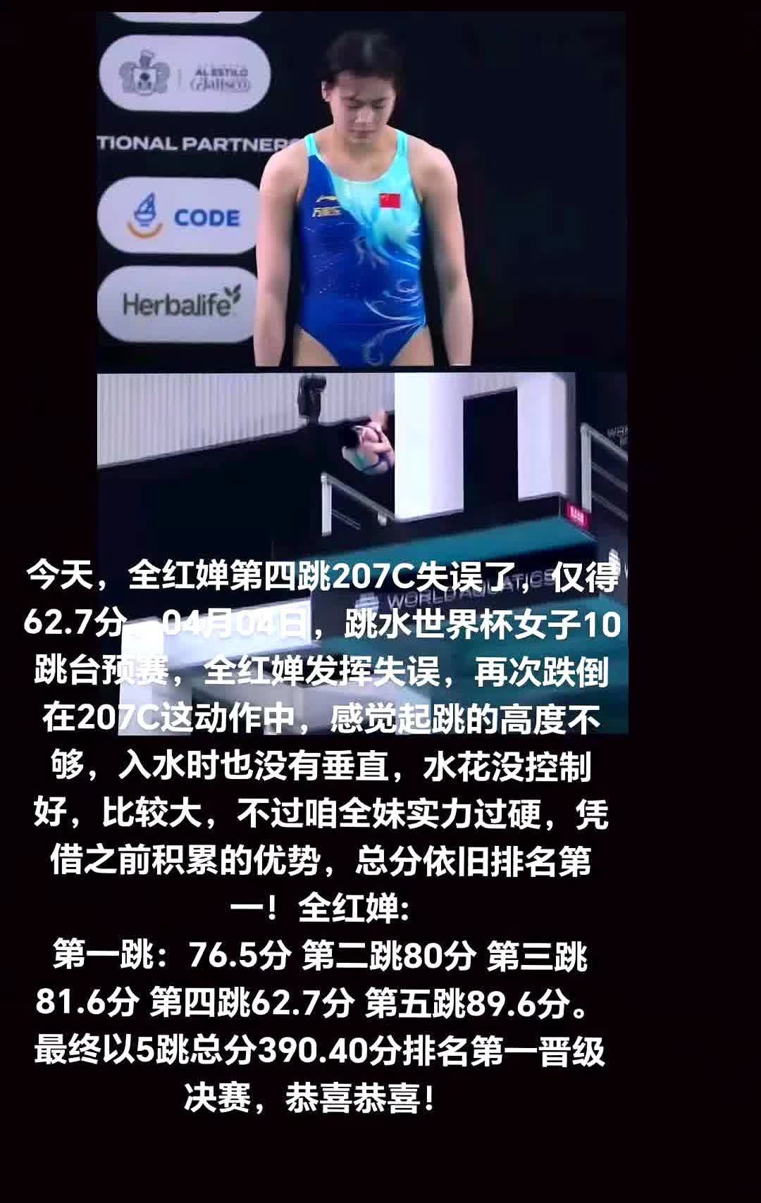 今天，全红蝉第四跳207C失误了，仅得62.7分。04月04日，跳水世界杯女子1