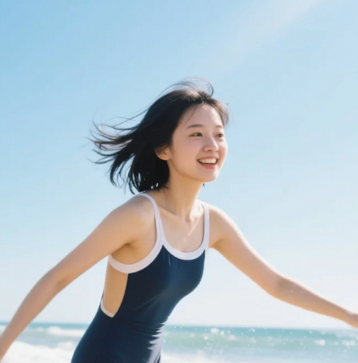 时光倒流！复古连体泳装少女邂逅海岸线