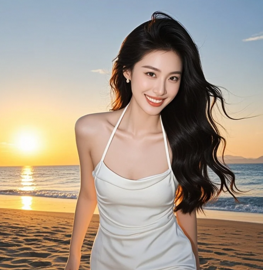 裙角与浪花共舞，谱写着黄昏的圆舞曲