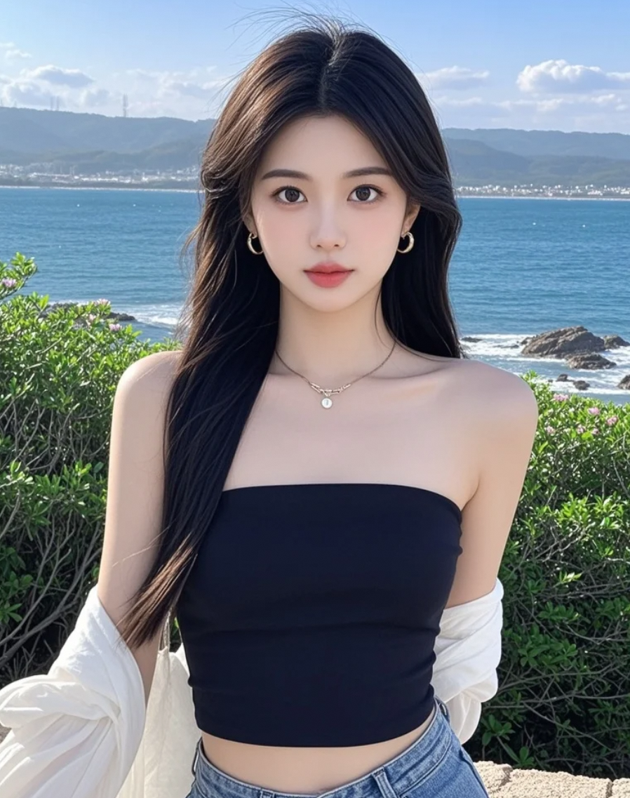 她站在海边，美得让时间停驻