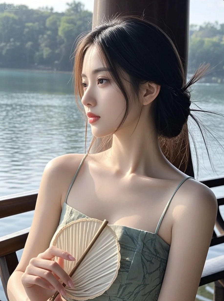 她站在湖边，像在等一句“我来了”