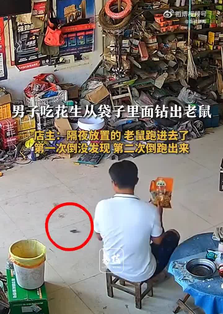 吓一跳！吃隔夜花生从袋子里倒出老鼠
近日，河南商丘，一男子帮舒女士看店时，拿了