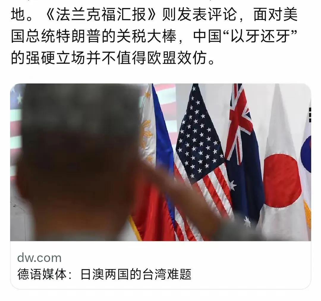 7月14日，《法兰克福汇报》发表评论，面对美国总统特朗普的关税大棒，中国“以牙还