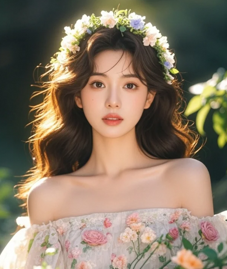 山林中的精灵：身穿露肩花朵裙，头戴花环，她是自然的女儿