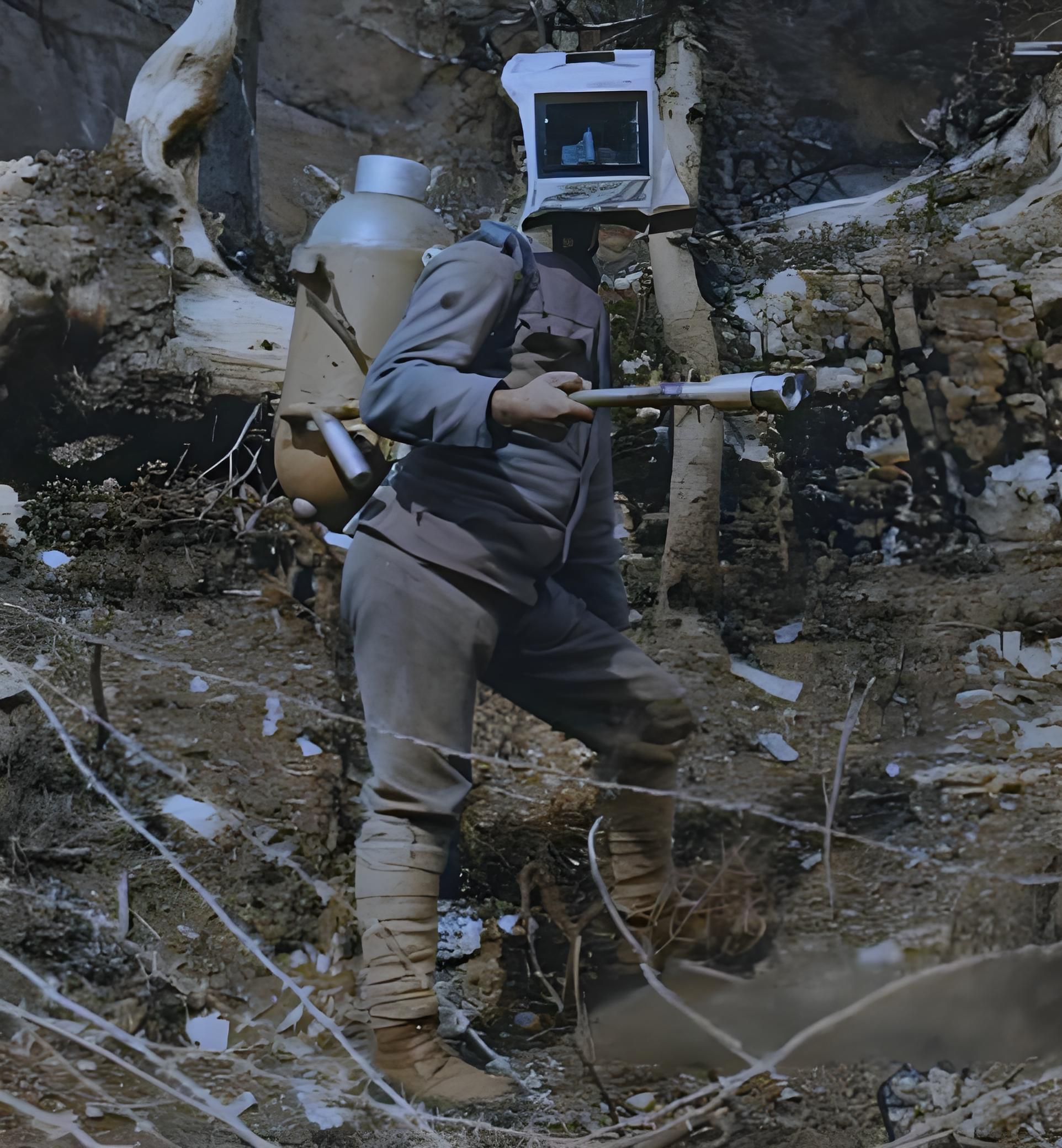 一名奥匈帝国士兵手持克莱夫M.1912火焰喷射器，并佩戴石棉面罩。该武器总燃烧时
