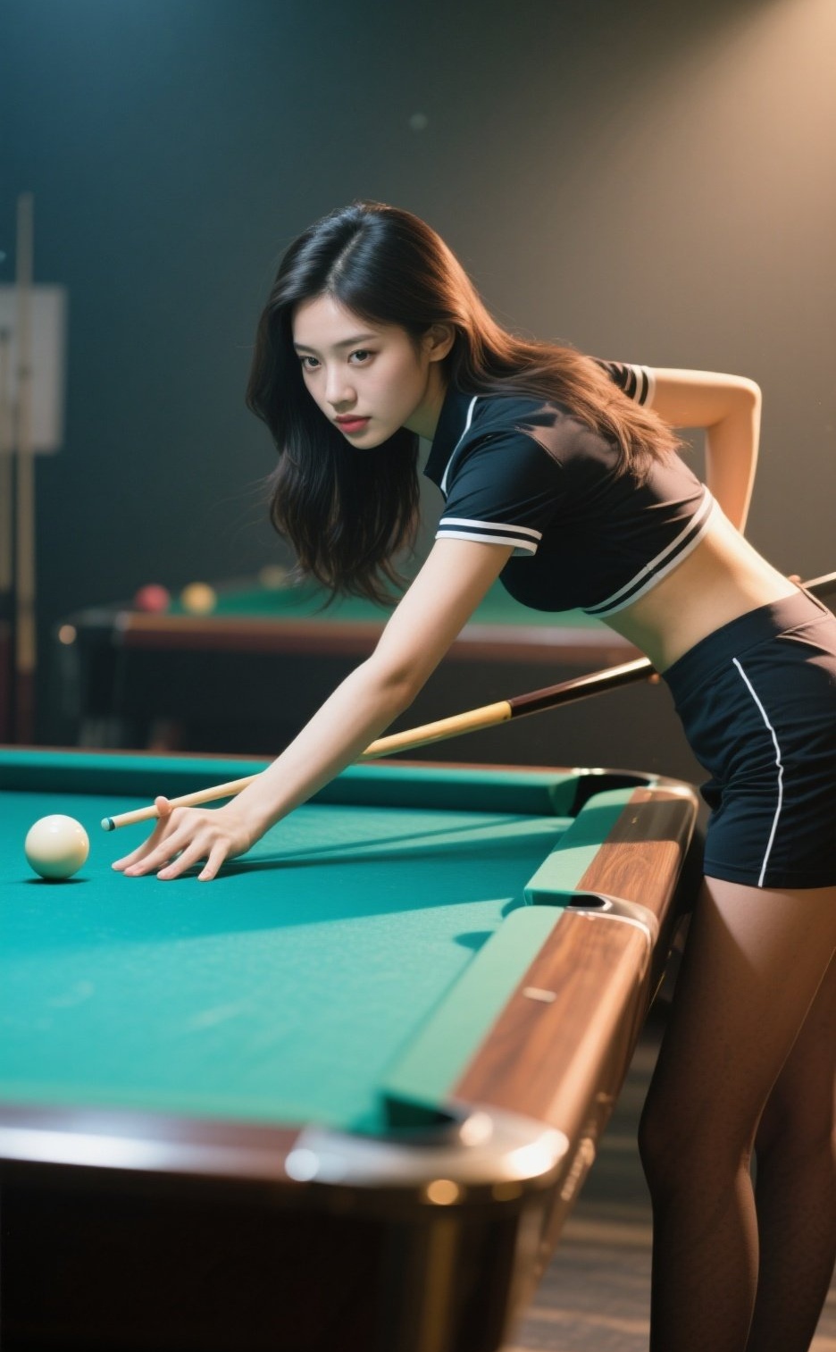 台球美眉示范时，发丝垂落添柔美