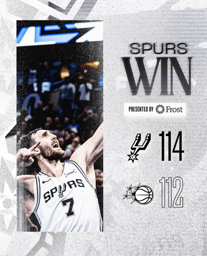 NBA常规赛，马刺114-112击败魔术。
赛后马刺官媒更新了动态，晒出一张海报