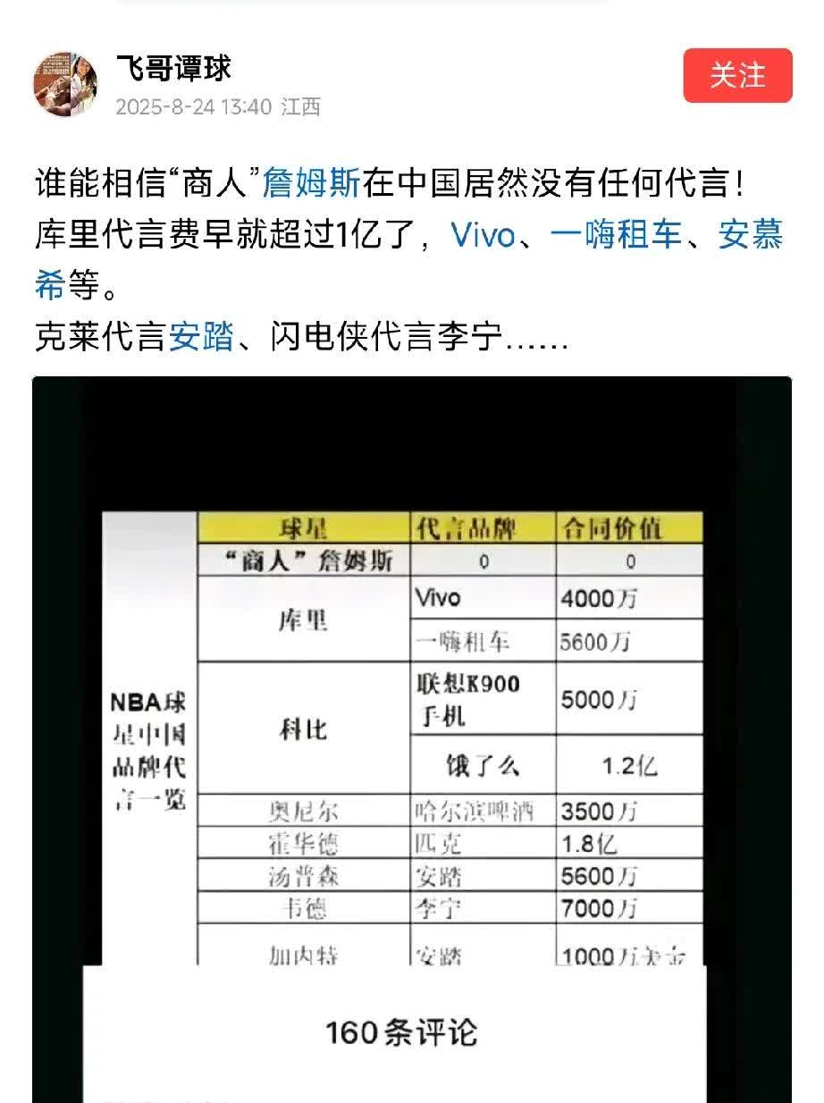 居然有人相信作为精致利己代言人的詹姆斯在中国没有任何品牌是因为他淡泊名利，这些真