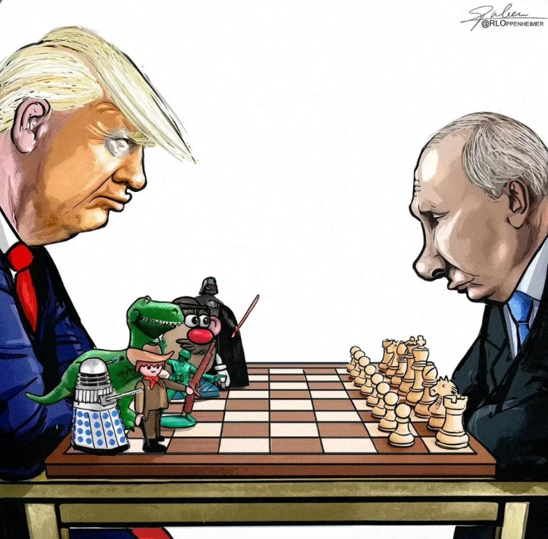 这是西方媒体关于双普通话的漫画，意思是普京手上现在有一大堆牌，而特朗普手上没有牌