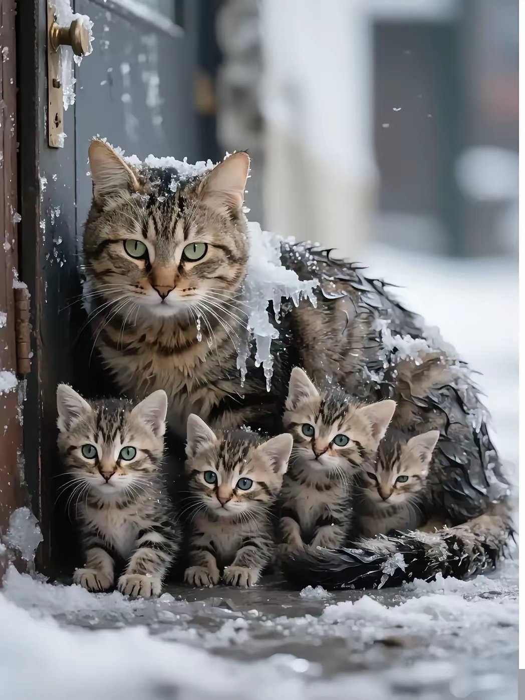 清晨开门时我愣住了。一只流浪猫妈妈趴在门口，身上结着冰碴，肚皮下护着几只湿漉漉的