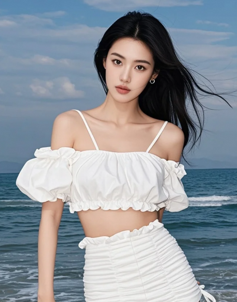 海浪轻吻脚踝，她笑靥如花绽放在岸