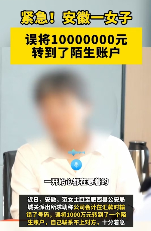 安徽，公司会计误将1000万转到陌生账户，老板赶紧寻求帮助。民警经过三个小时的不