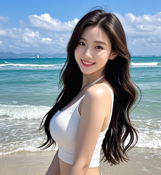 娇俏少女沙滩嬉戏，回眸一笑甜入心坎