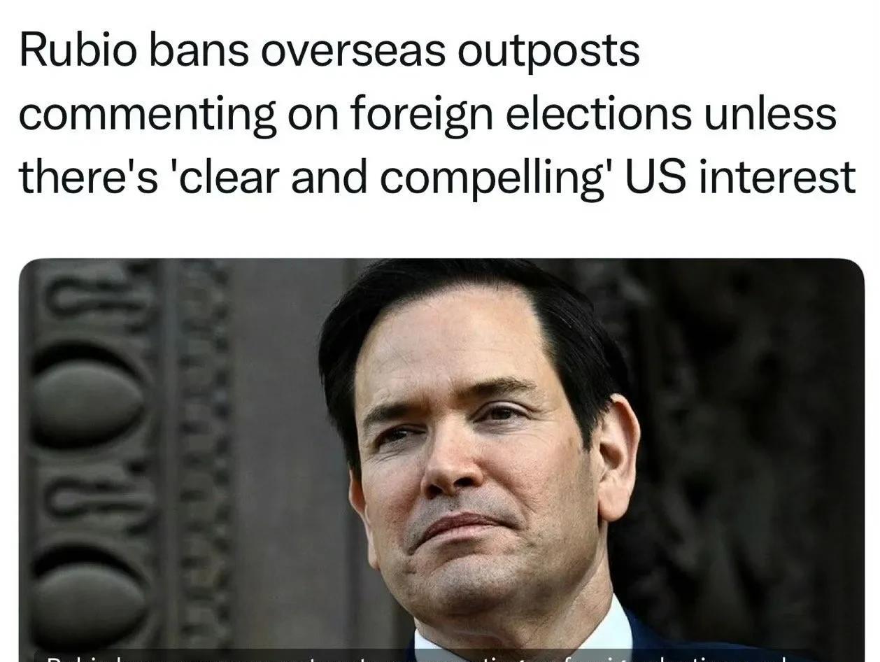 国务院：禁止美国外交官对外国选举发表评论，除非清晰地符合美国利益
这样的事干的太