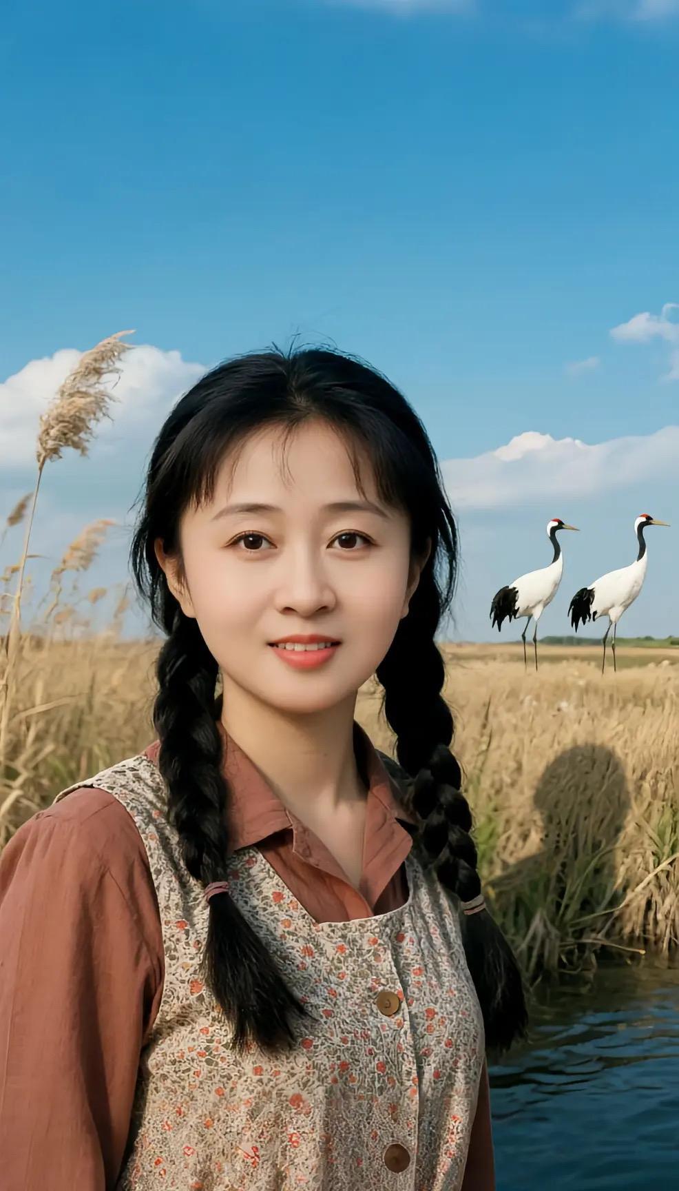 丹顶鹤的诉说
在那片金黄与湛蓝交织的天地
你，扎着双辫，走进我的梦境
微风轻拂，