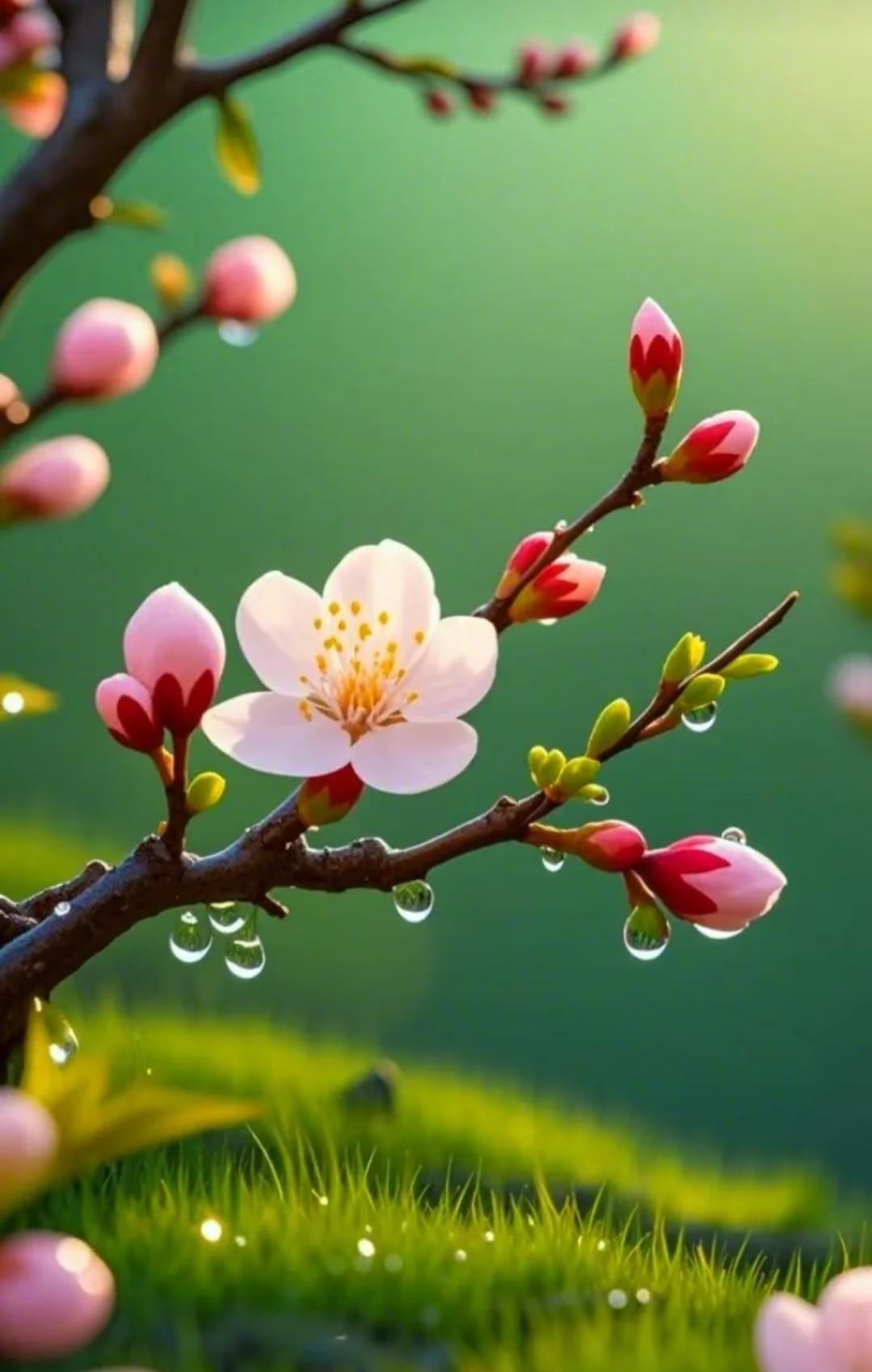 #上联：春雨润花红，微风拂面花盈径；暖阳邀对# 
上联：春雨润花红，微风拂面花盈