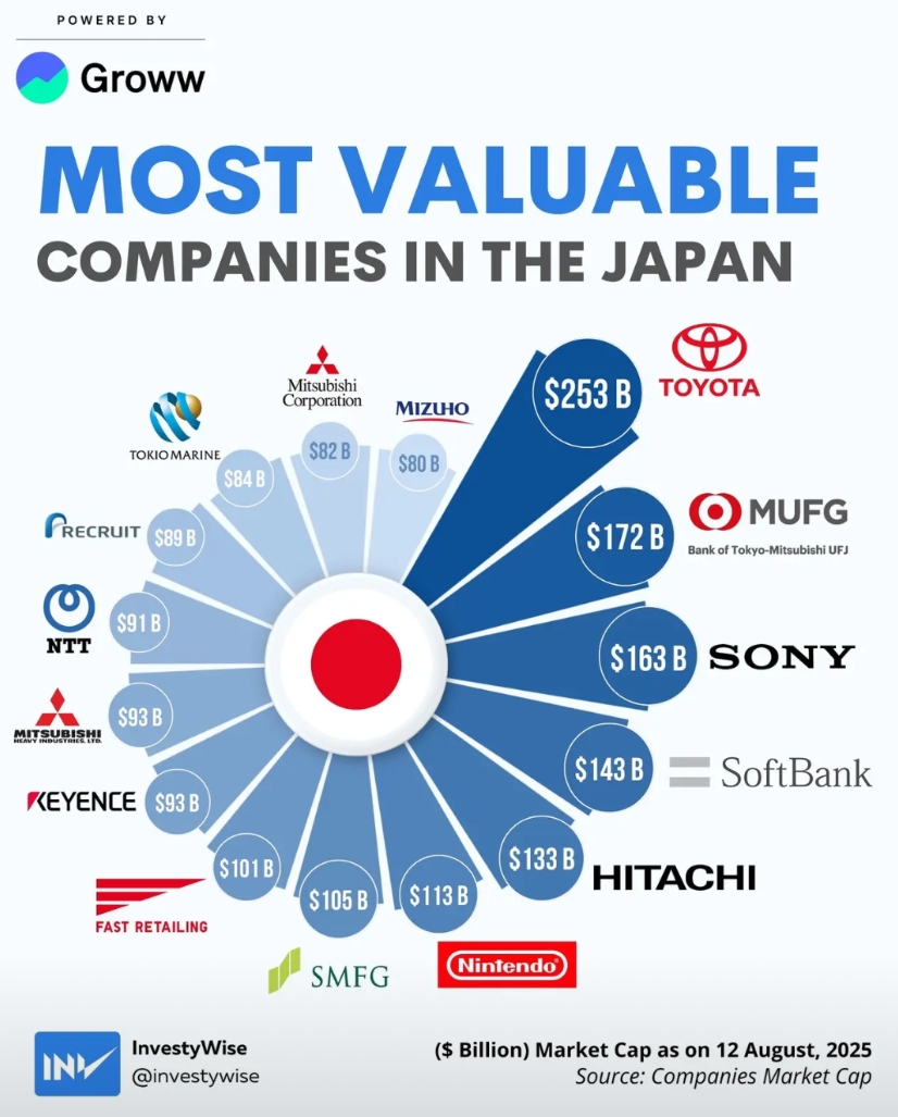截至2025年8月12日，日本市值最大的公司排行：

1.丰田Toyota   