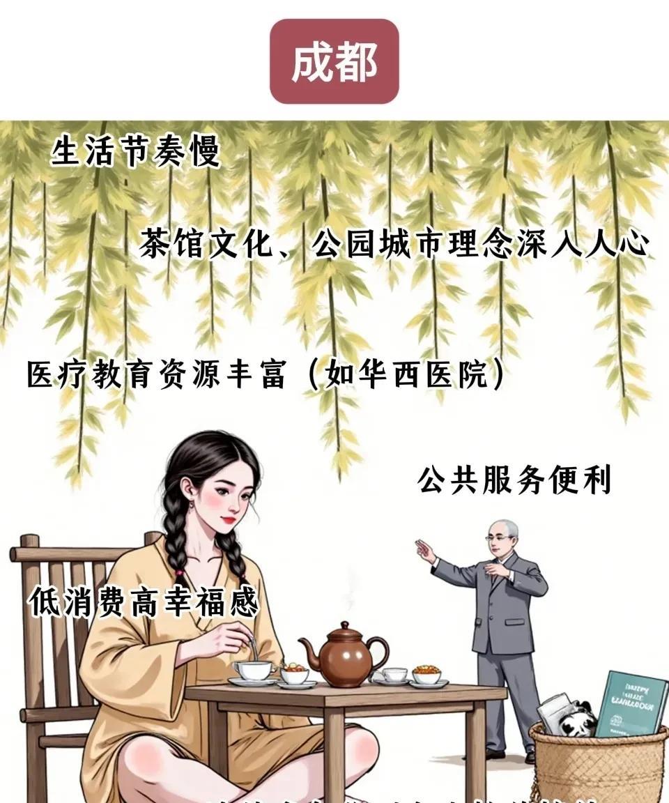 国内被公认的五个幸福感强的城市。
成都以生活节奏慢，低消费为特点；
杭州以互联网