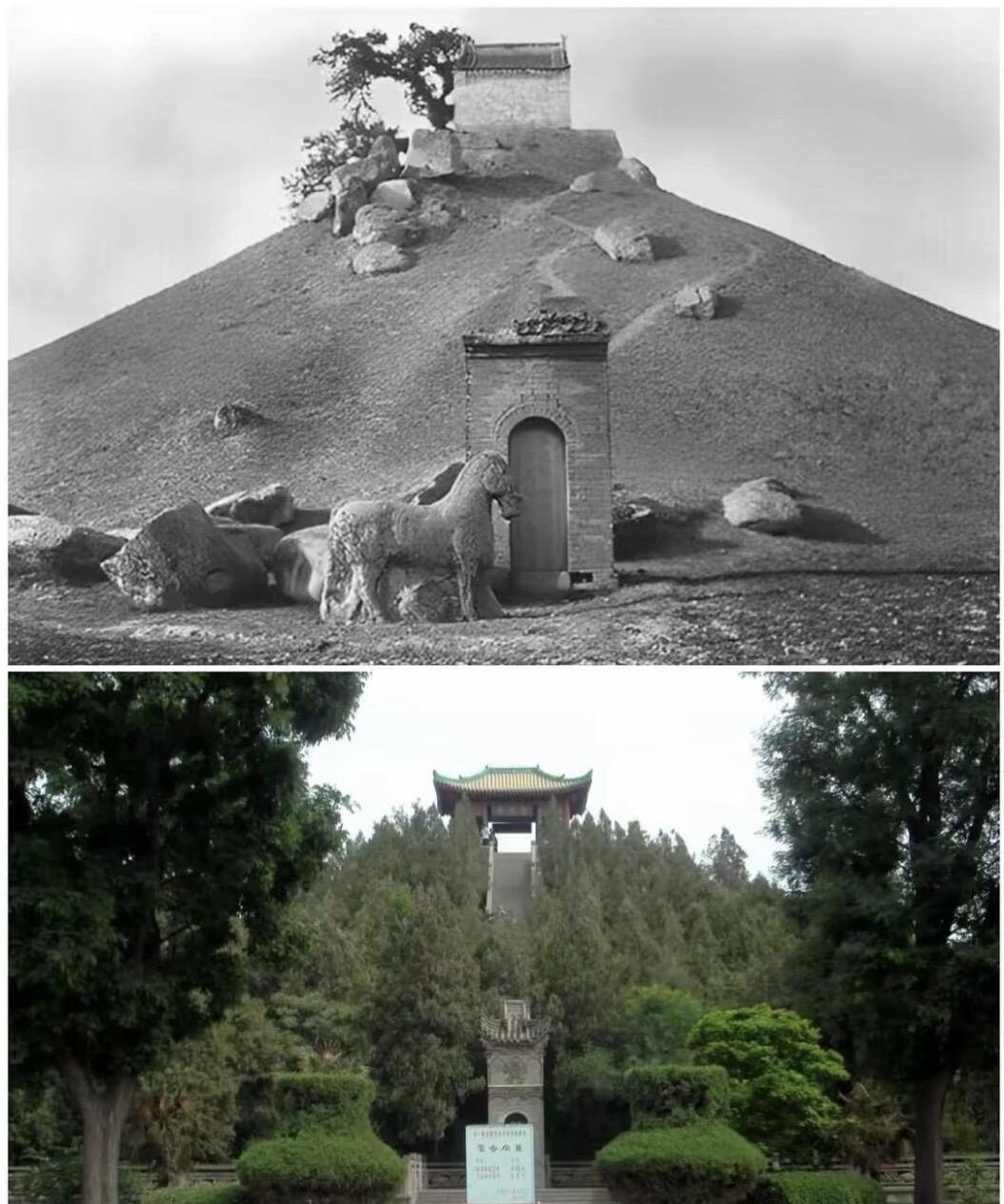 两幅图展示了霍去病墓近百年的变迁。上图是1914年的墓地，下图则是后来经修缮的景
