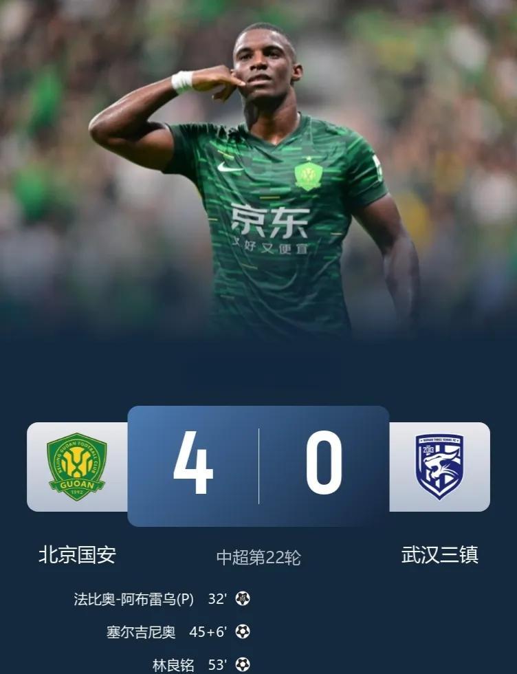 恐怖如斯，近2场轰11球！？
北京国安4-0武汉三镇，净胜球优势升中超积分榜第2