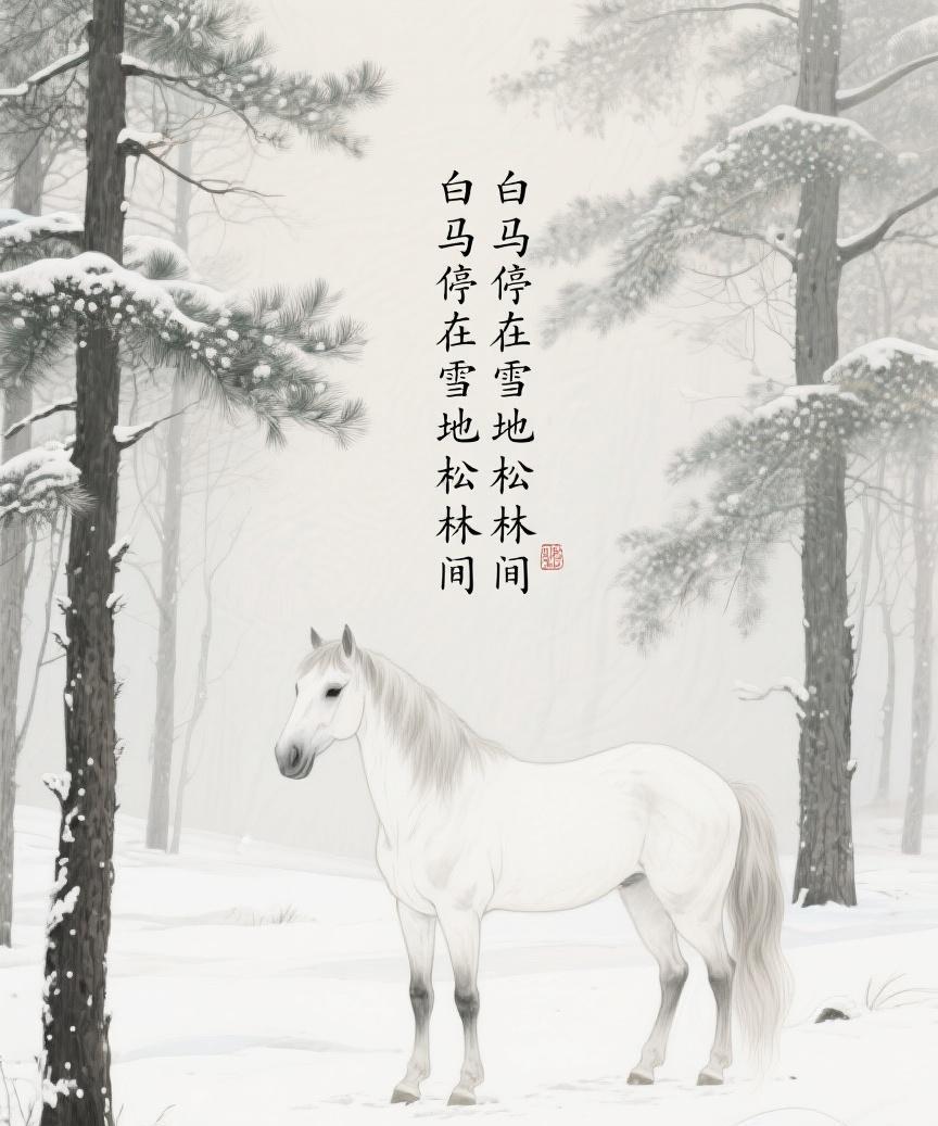 #AI妙生图#“白马停在雪地松林间”，柔逸书风伴水墨百花，浓淡渐变尽显诗意，传统