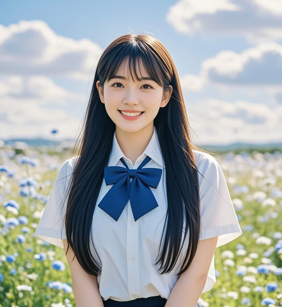 她轻轻踩过野花丛，连脚步都带着诗意