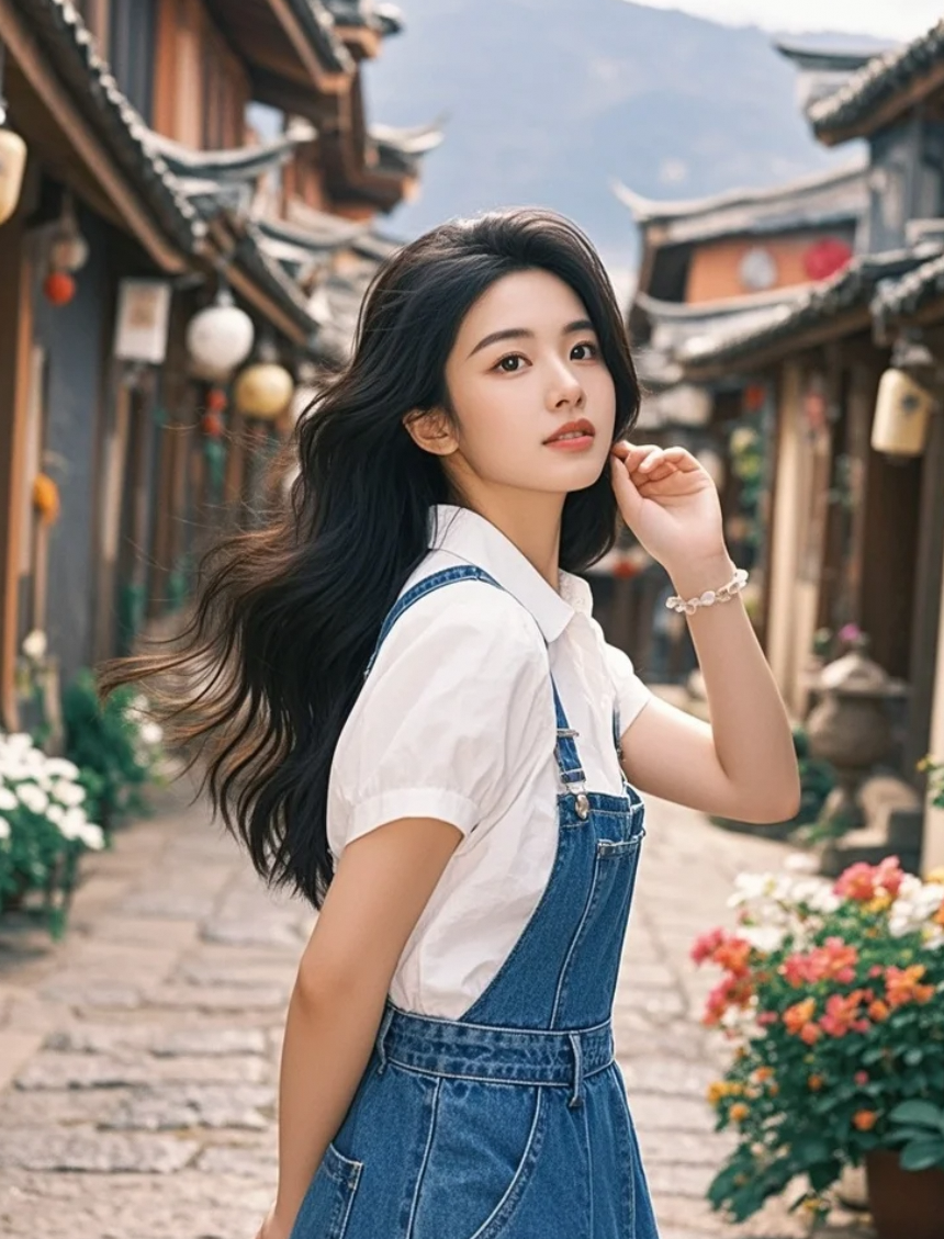 她站在小路的中央，风姿足以惊艳百年时光