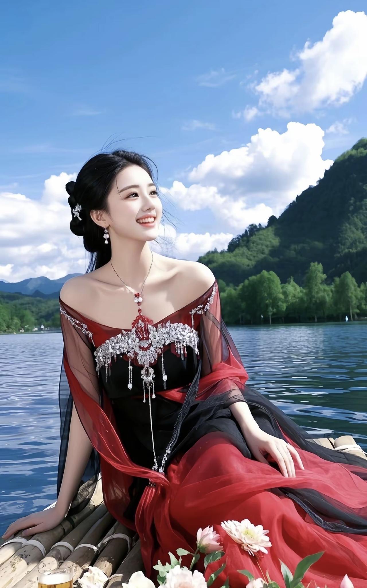 《蓝色的梦》
洱海把蓝天
揉进水里
我坐在竹筏
做一条
游动的鱼
裙裾与波纹私语