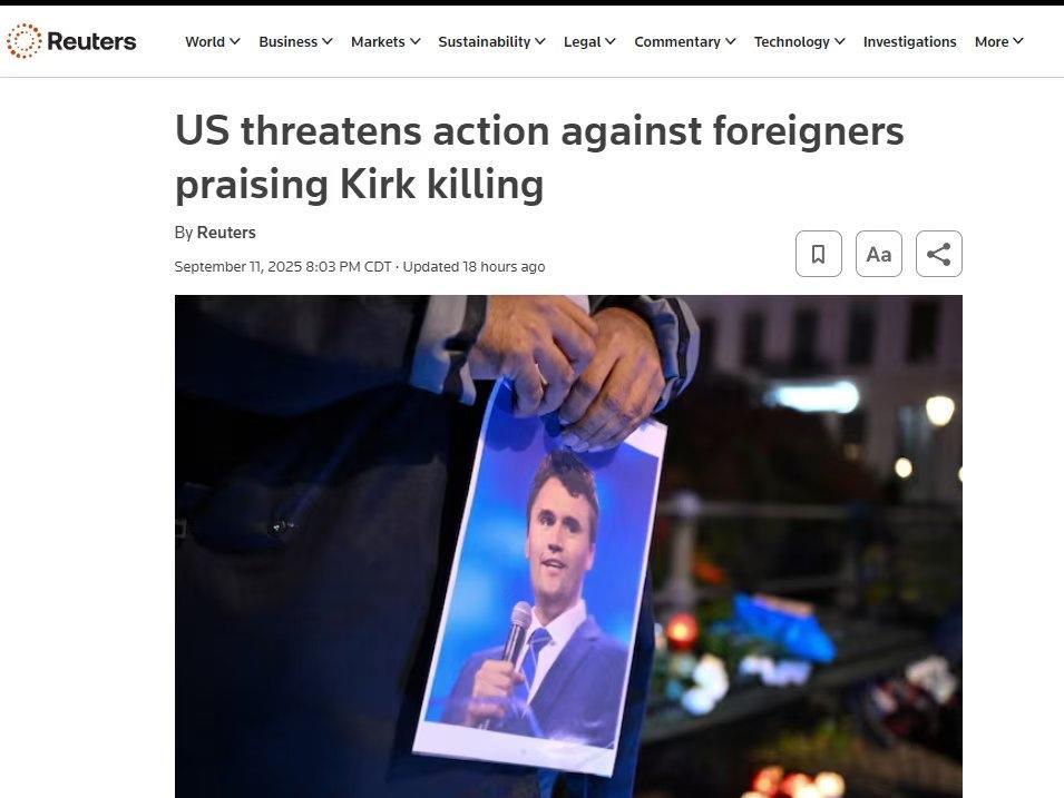 美国国务院警告：外国人庆祝刺杀柯克就取消签证，中文社交媒体也能当证据。
美国副国