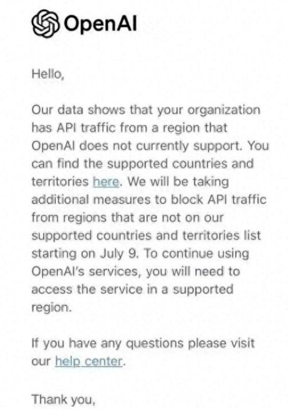 6月25日，OpenAI宣布，对中国大陆，中国香港，中国澳门全部禁用！



2