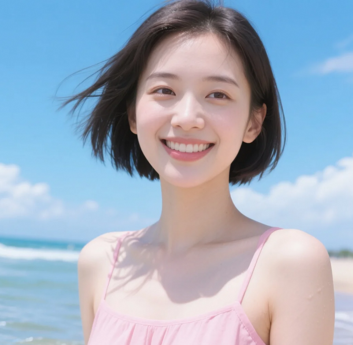 海风轻拂，短发少女的清纯连衣裙海边写真