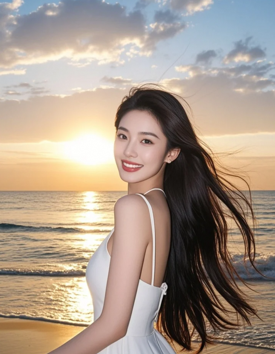 暮色温柔，长发轻扬，白裙微动，时光仿佛凝固