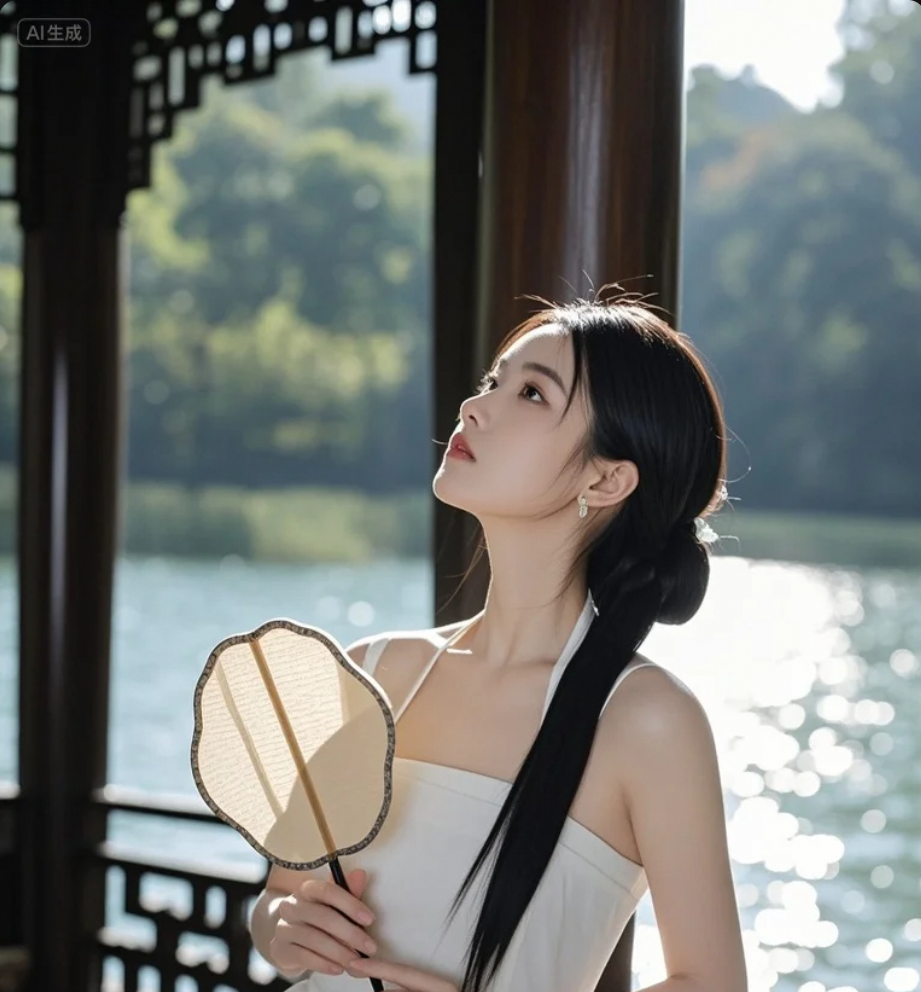 扇子一开，仿佛整个湖面都为你安静了
