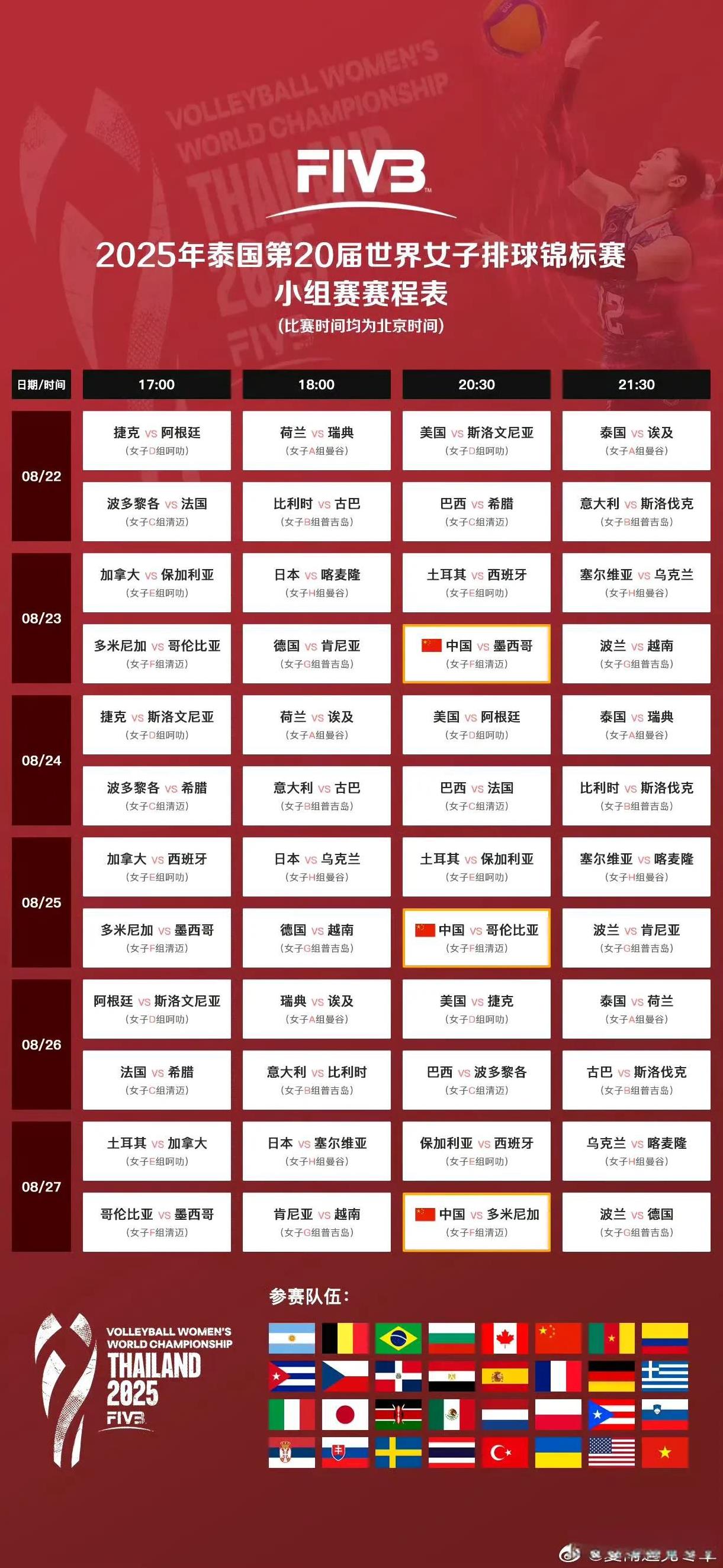 以下是2025年女排世锦赛所有队伍的小组赛赛程，这份赛程非常全面，大家如果想支持