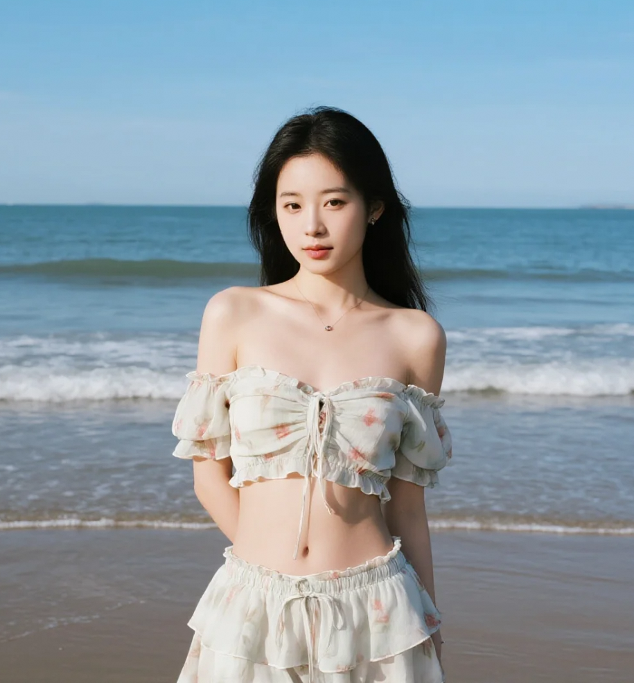 海风吹乱了她的发，却吹不散这惊艳。