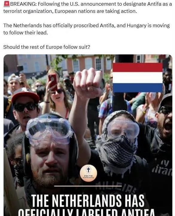 在美国宣布将Antifa指定为恐怖组织后，欧洲国家正在采取行动。
荷兰已正式禁止