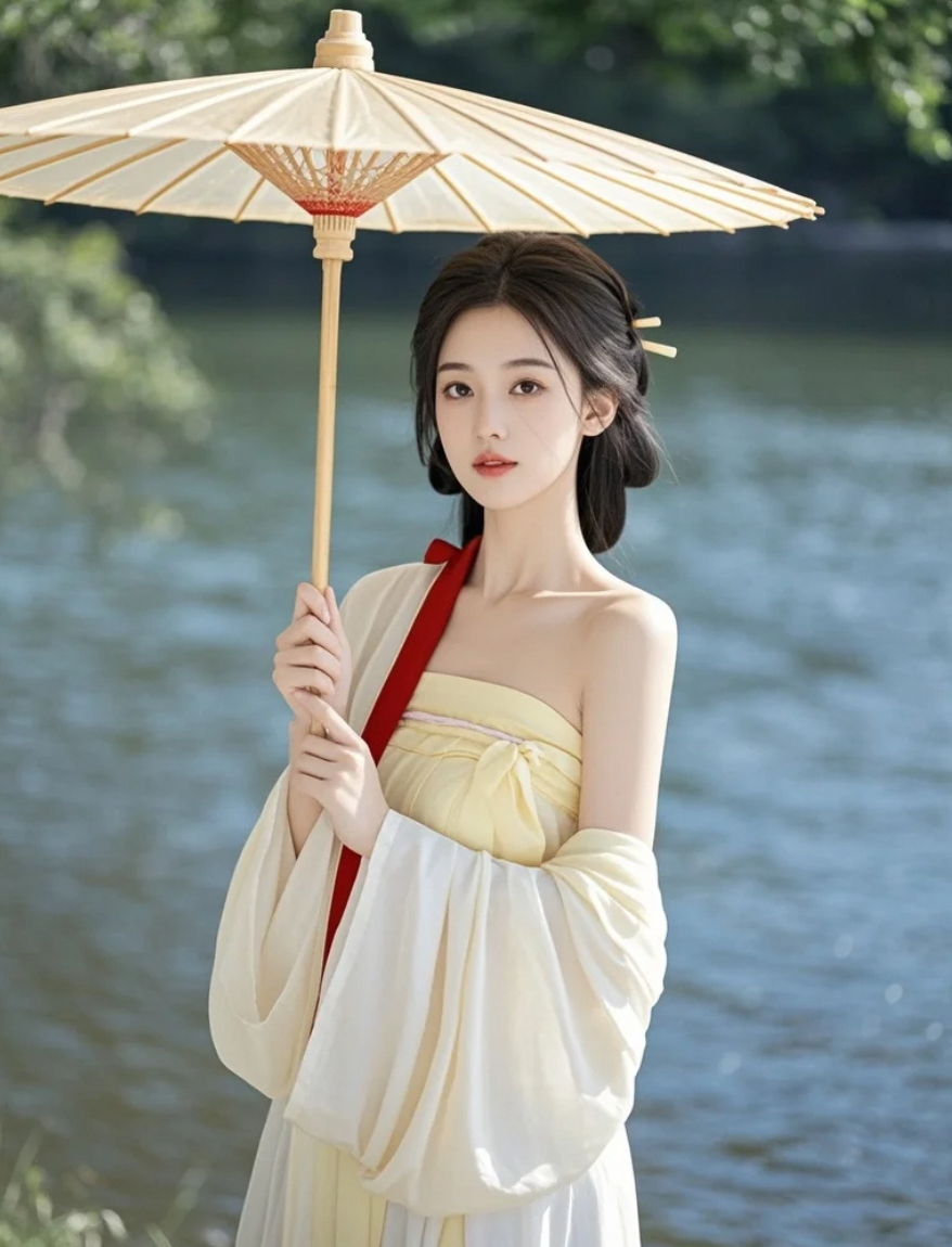 湖边执伞而立的她，美得让人移不开眼