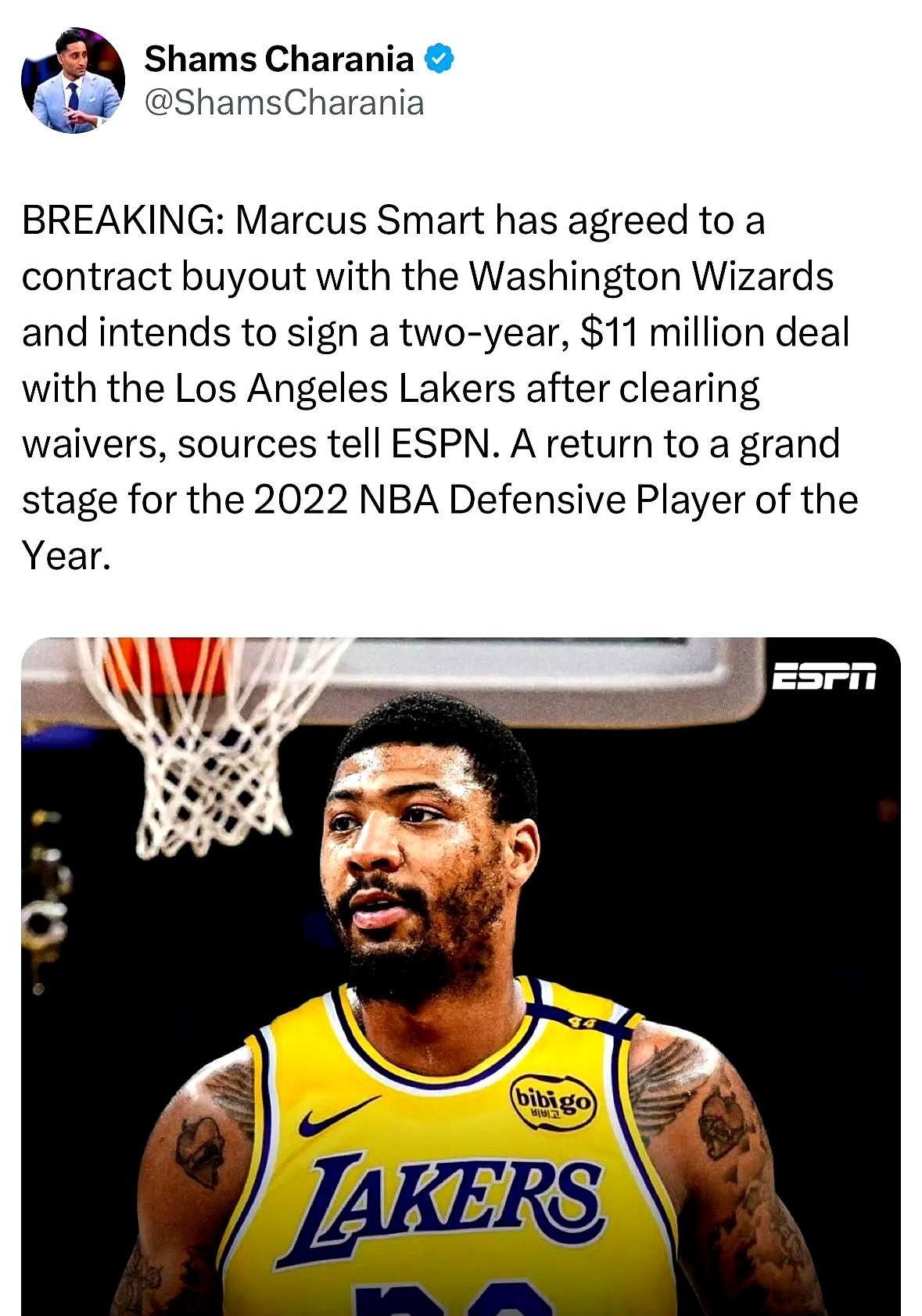 湖人捡漏！2年1100万锁死斯玛特
绿军铁血队长空降洛杉矶，詹姆斯+东契奇亲自打