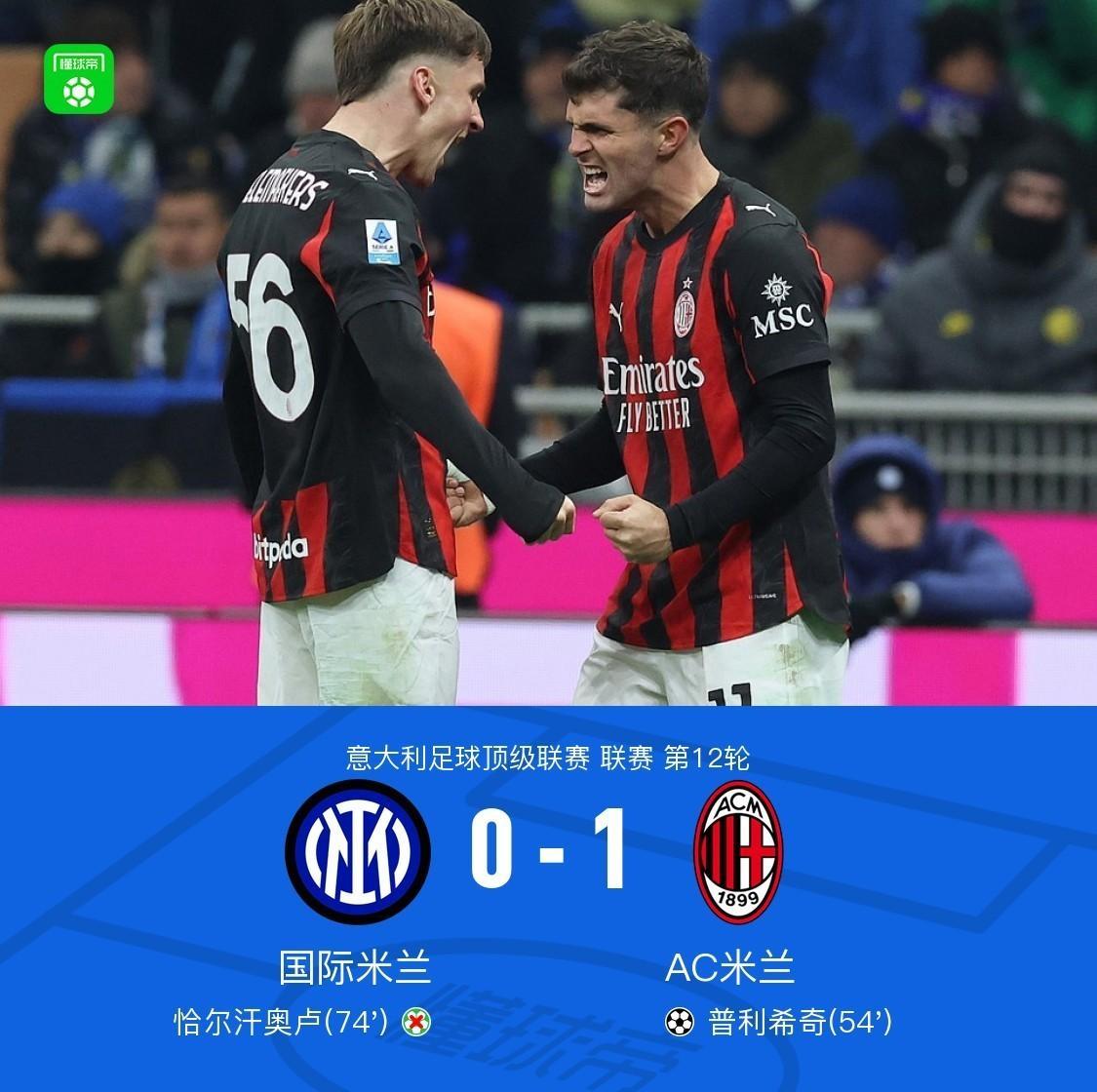 时也命也！在意甲第十二轮比赛中，国际米兰0:1负于AC米兰，目前已经米兰德比6场