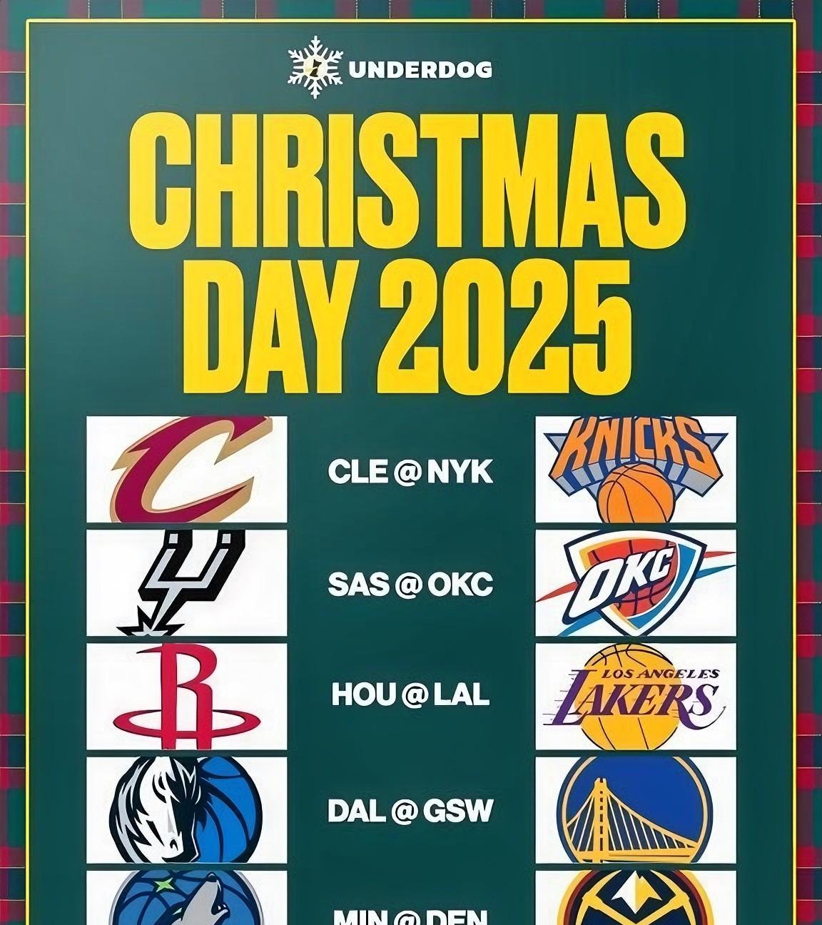 2025年NBA圣诞大战曝光：
据shams爆料，2025年NBA圣诞大战由AB