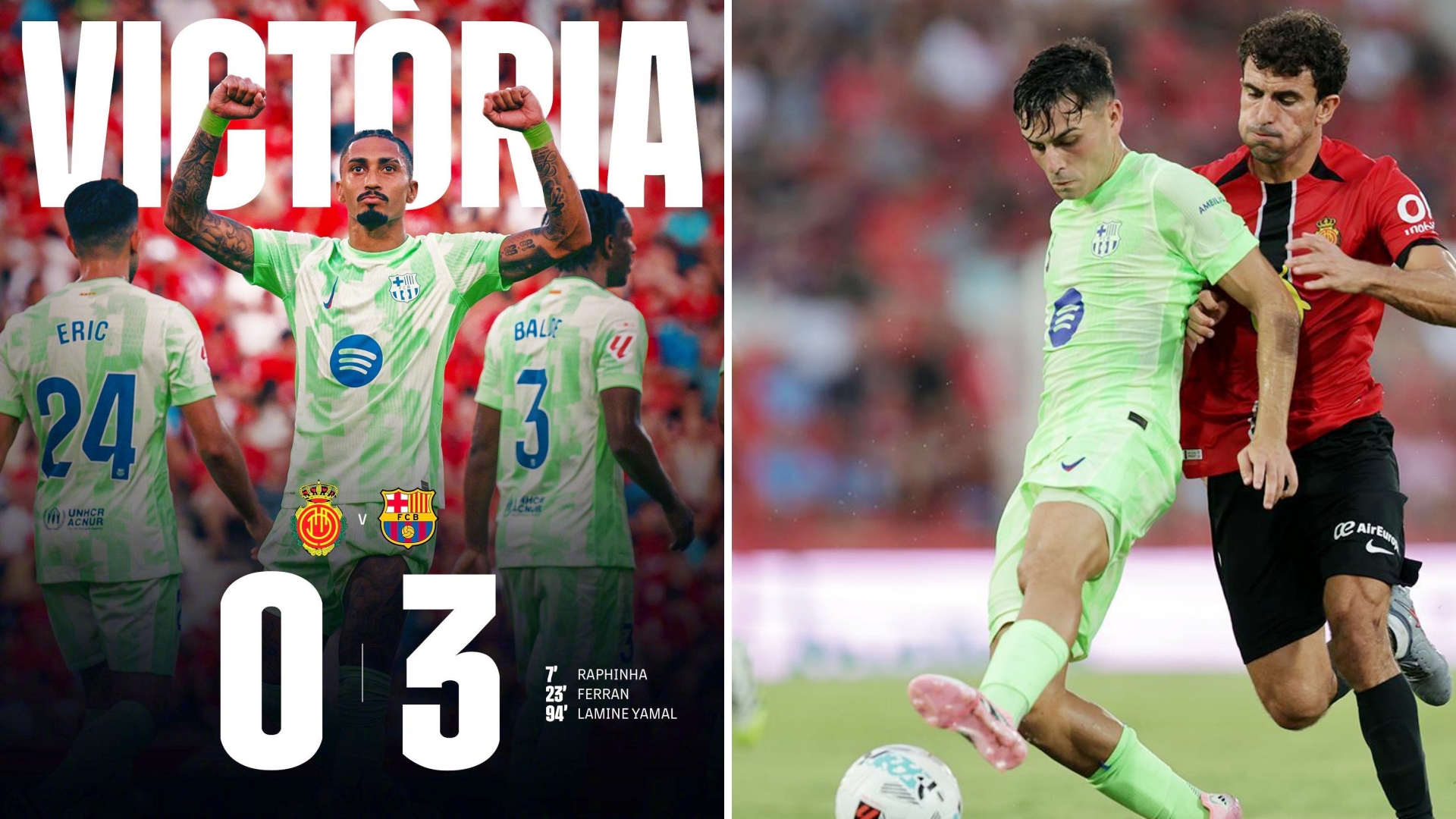 西甲：巴萨客场3-0大胜九人马洛卡，轻松拿下开门红。
拉菲尼亚头槌先拔头筹，费兰