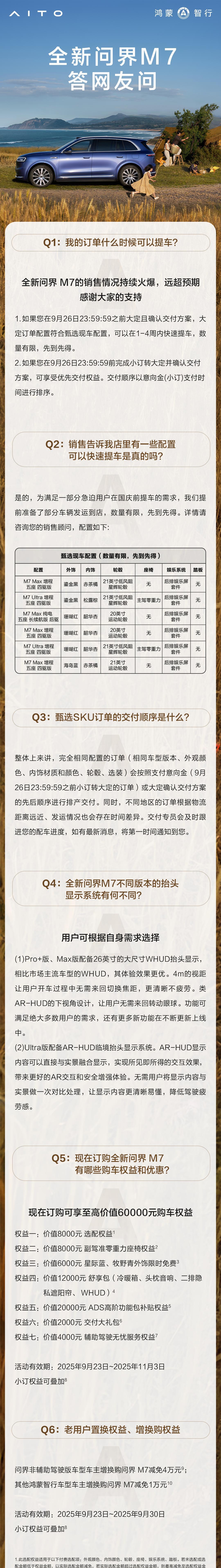 全新#问界M7#答网友问第一期上线！定单何时交付？甄选现车配置怎么选？订购有哪些