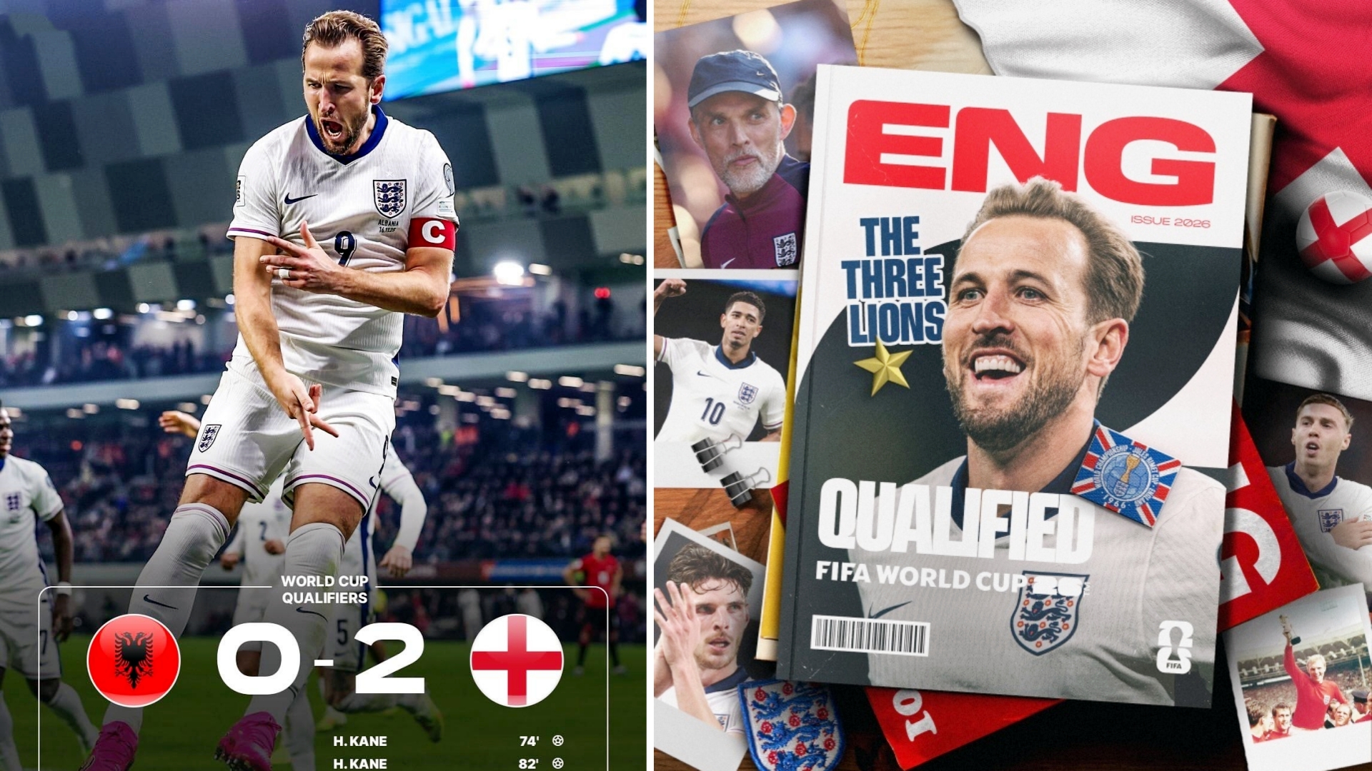 世预赛：英格兰客场2-0击败阿尔巴尼亚，全胜挺进世界杯。
凯恩完成梅开二度，英格